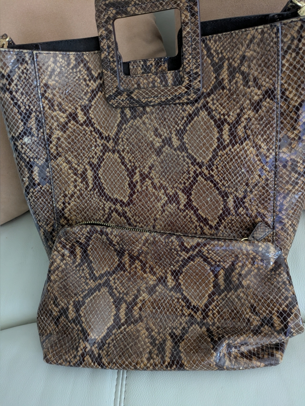 Staud Embossed Leather Brown Snakeskin Tote Bag with Strap And matching Clutch